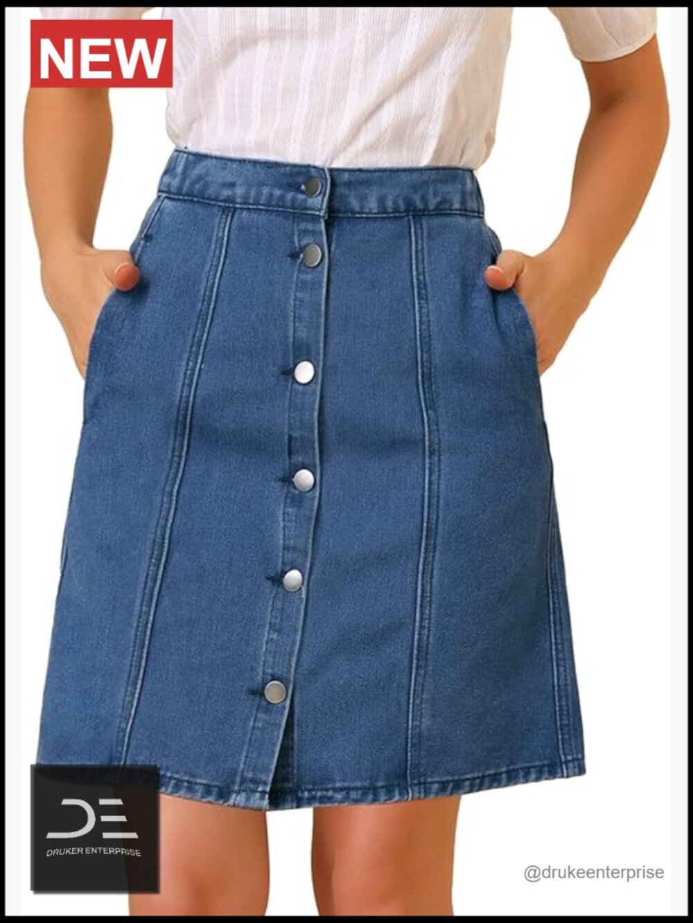 A-Line Button Down Denim Skirt High Waist Knee Length Casual